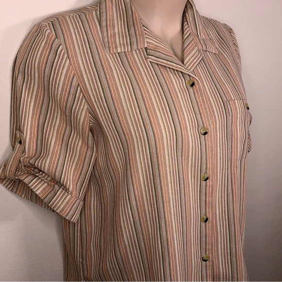 Vintage Large Blair Orange Striped Button Up Top Cuffed Short Sleeve Stretch - Picture 3 of 16